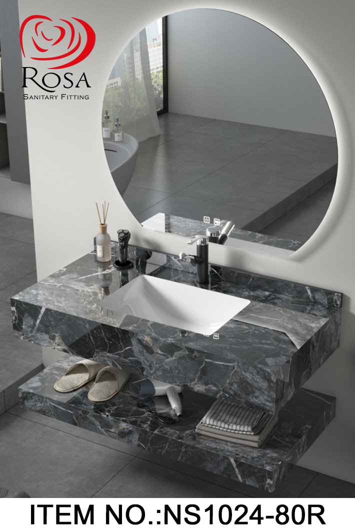 ROSA New (SYJ1040B-140D) 2 مغسلة رخام ليزر اسود رصاصي مرخم حوض 2 قطعة
