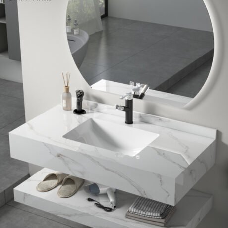 ROSA New (NS1026-80R) مغسلة رخام ليزر ابيض مرخم 2 قطعة